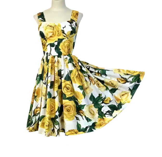 27 SUMMER 2024 Handmade Italian designer Yellow Roses print sleeveless cotton dress, dolce vita dress, runway dress - Dress By Vicky
