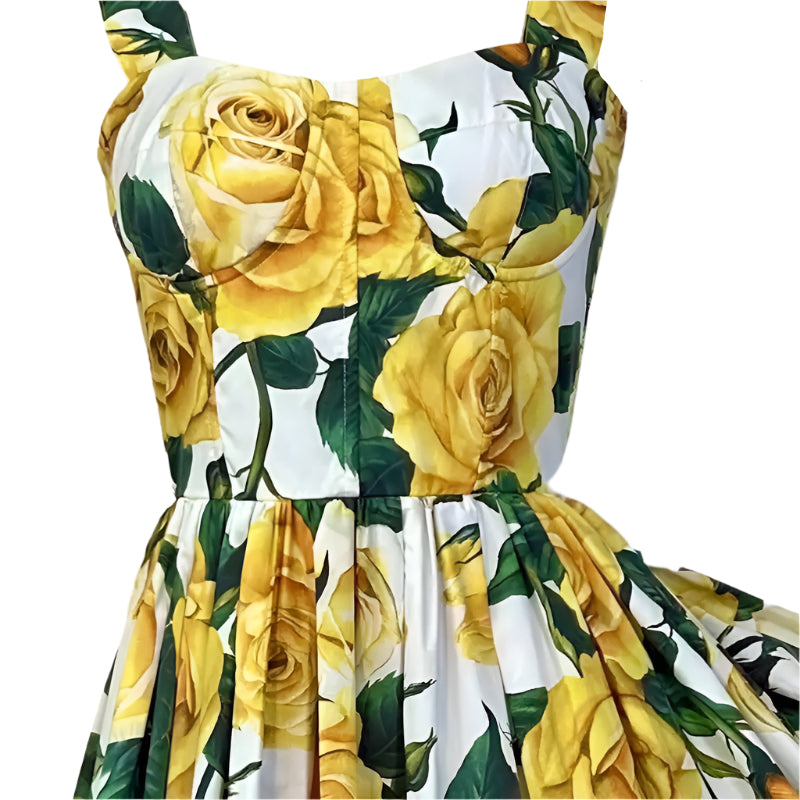 27 SUMMER 2024 Handmade Italian designer Yellow Roses print sleeveless cotton dress, dolce vita dress, runway dress - Dress By Vicky