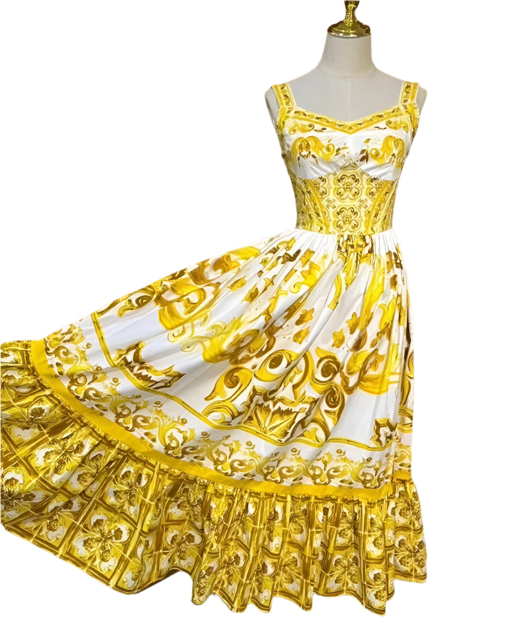 33 Handmade Italian Tiles Majolica print 100% cotton dress (YELLOW), Sicilian Dress, Mosaic Dress, Italian Summer Dress, Dolce Vita - Dress By Vicky