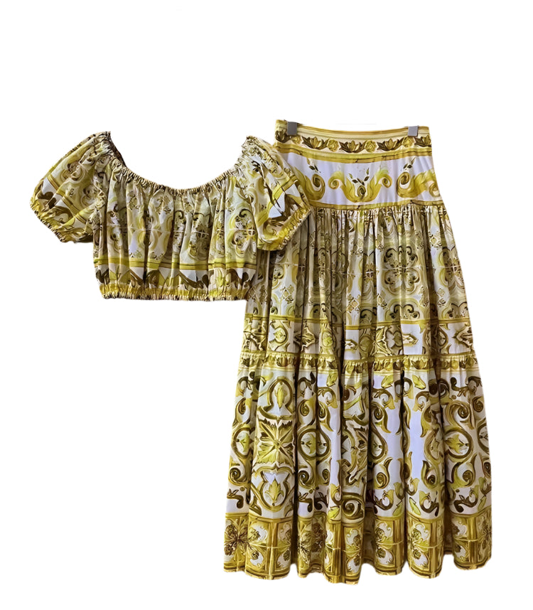 37 Handmade Italian designer Yellow majolica tiles print cotton top - Dress By Vicky