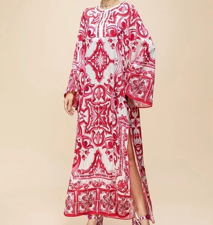 49 Handmade Italian designer Majolica print Kaftan dress, BLUE, PINK or YELLOW - Dress By Vicky