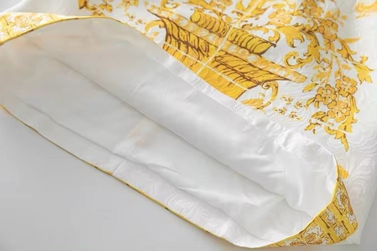 5 Handmade Italian designer Brocade Majolica print sleeveless mini dress, yellow / white - Dress By Vicky