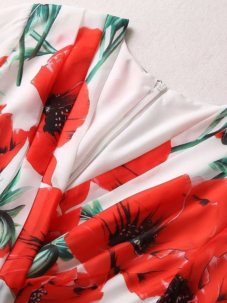 56 Handmade Italian Poppies print puff sleeve chiffon dress, Porcelain Sicilian Dress, Mosaic Dress, Italian Summer Dress, Dolce Vita Style - Dress By Vicky