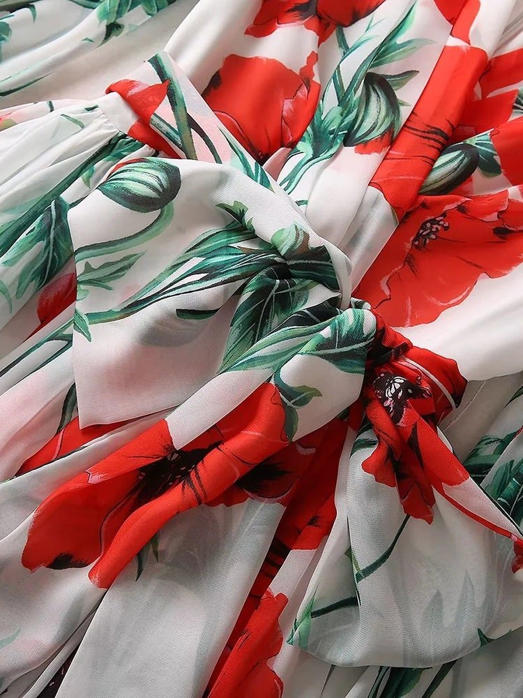 56 Handmade Italian Poppies print puff sleeve chiffon dress, Porcelain Sicilian Dress, Mosaic Dress, Italian Summer Dress, Dolce Vita Style - Dress By Vicky