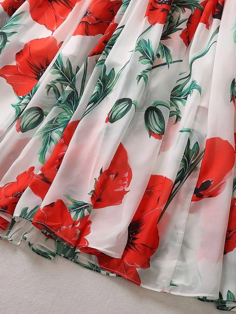 56 Handmade Italian Poppies print puff sleeve chiffon dress, Porcelain Sicilian Dress, Mosaic Dress, Italian Summer Dress, Dolce Vita Style - Dress By Vicky