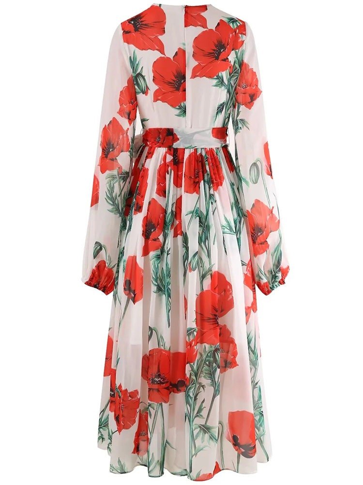 56 Handmade Italian Poppies print puff sleeve chiffon dress, Porcelain Sicilian Dress, Mosaic Dress, Italian Summer Dress, Dolce Vita Style - Dress By Vicky