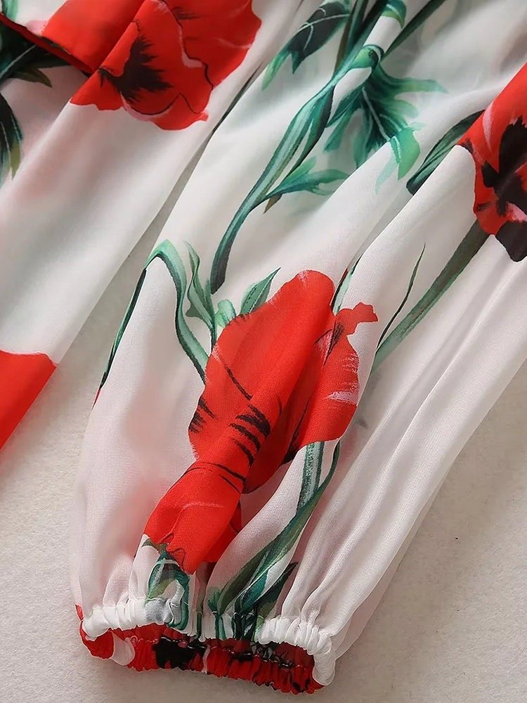 56 Handmade Italian Poppies print puff sleeve chiffon dress, Porcelain Sicilian Dress, Mosaic Dress, Italian Summer Dress, Dolce Vita Style - Dress By Vicky