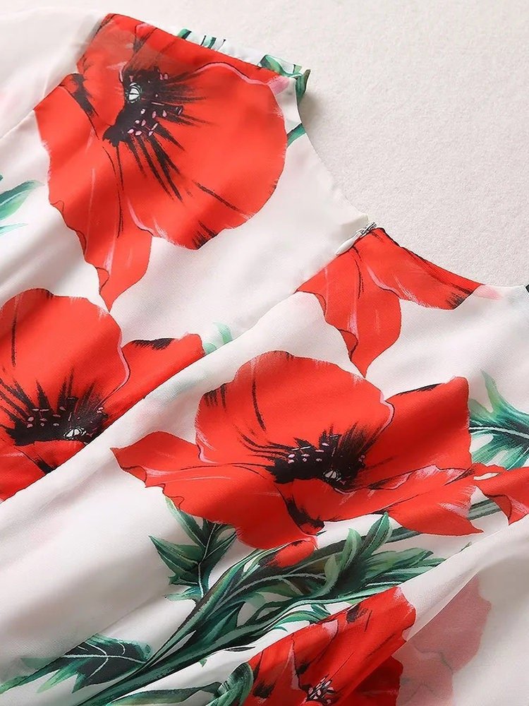 56 Handmade Italian Poppies print puff sleeve chiffon dress, Porcelain Sicilian Dress, Mosaic Dress, Italian Summer Dress, Dolce Vita Style - Dress By Vicky