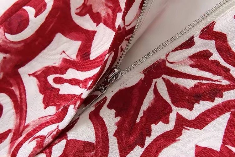 6 Handmade Italian designer Brocade Majolica print sleeveless mini dress, red / white - Dress By Vicky