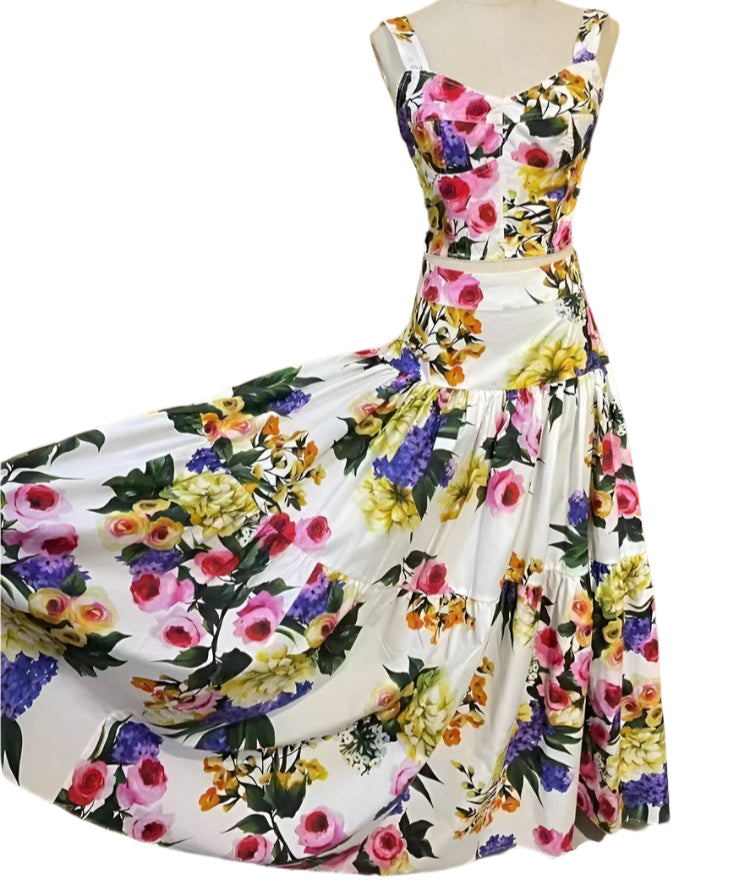 8 Handmade Italian designer White multi floral print layered cotton skirt, Sicily, Dolce vita - Dress By Vicky