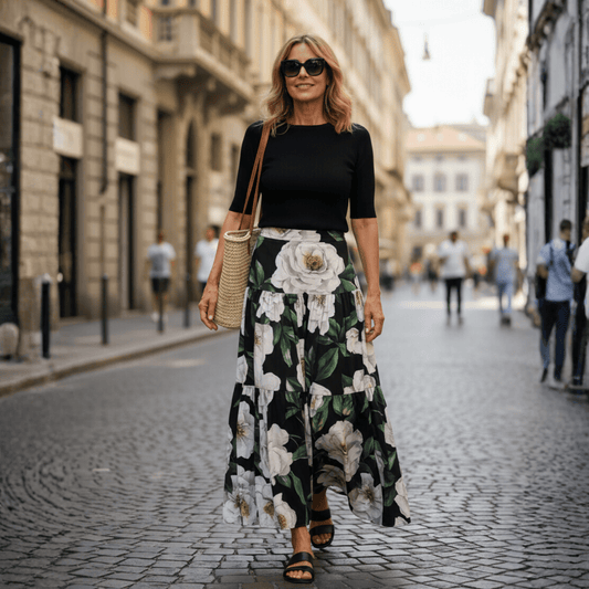 Black floral print 100% cotton maxi skirt in white magnolia print - Dress By Vicky