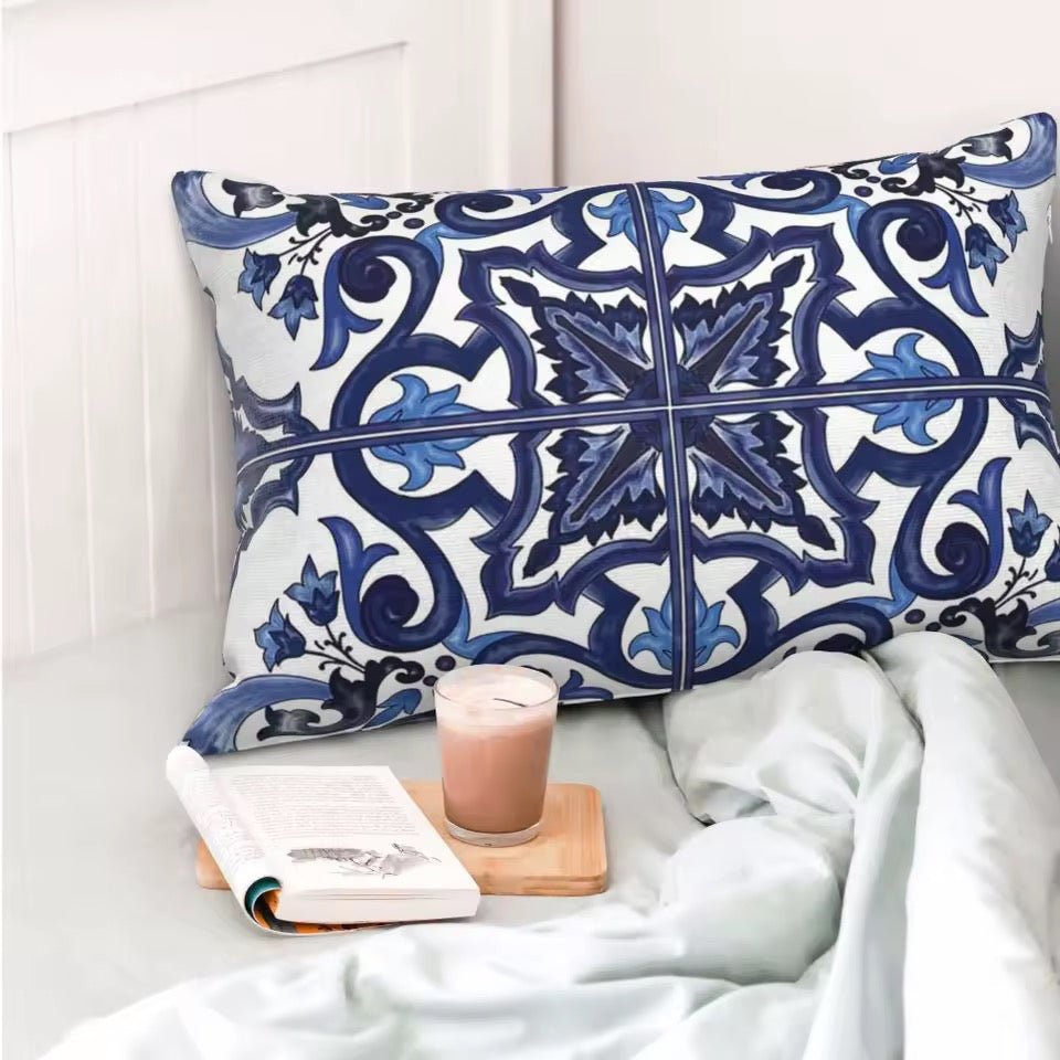 Blue canvas porcelain majolica print cushion pillowcase - Dress By Vicky
