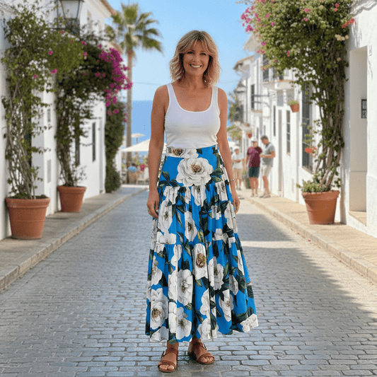Blue floral cotton maxi skirt in white magnolia print - Dress By Vicky