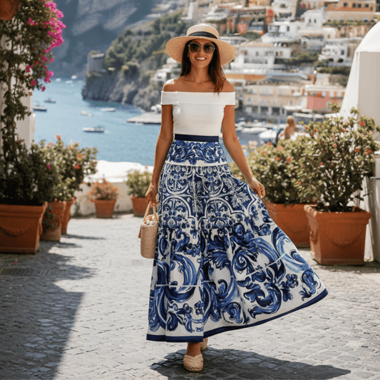 Blue Majolica Porcelain print 100% cotton 3 tier gathered skirt - Dress By Vicky