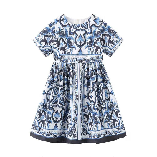 Blue majolica print short sleeves kids dress - Dress By Vicky