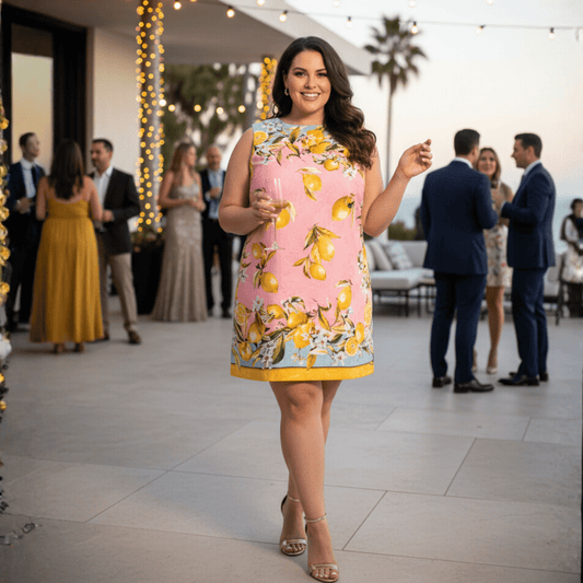 Brocade pink Lemons print sleeveless mini dress - Dress By Vicky