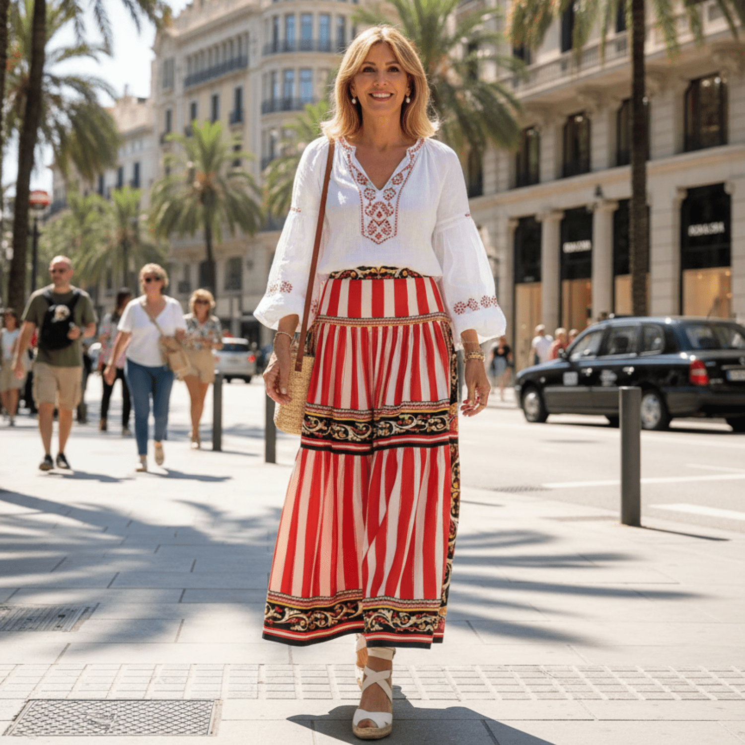 Red Stripe & Baroque Border Cotton Maxi Skirt