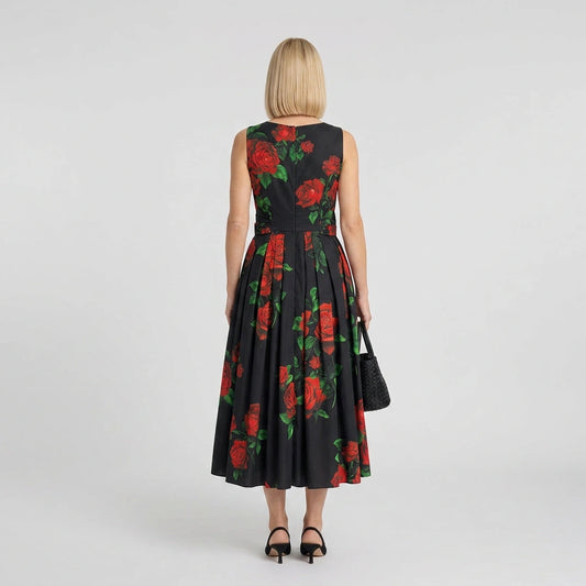 Red Roses Cotton Midi Dress with Bow Belt
