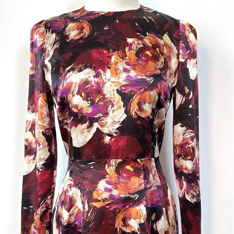 Fall Winter 2024 Burgundy Floral Print long sleeve dress, Pure Silk Handmade Dress, Dolce Vita dress, Wedding guest, party dress - Dress By Vicky