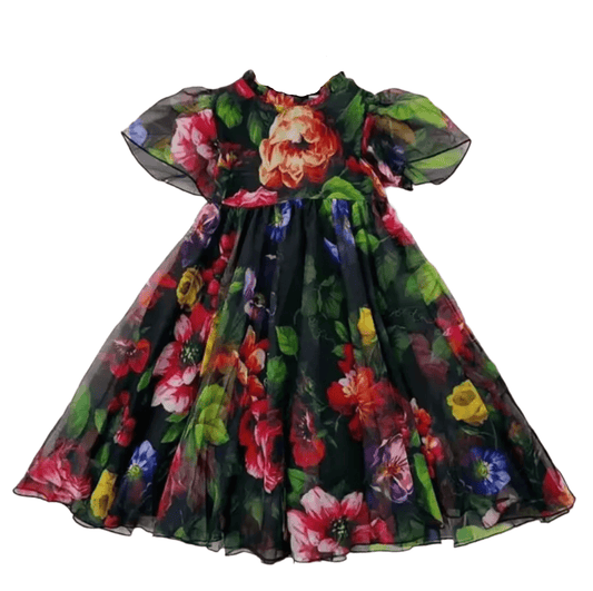 Floral luxury chiffon kids dress with puff sleeves - Dress By Vicky