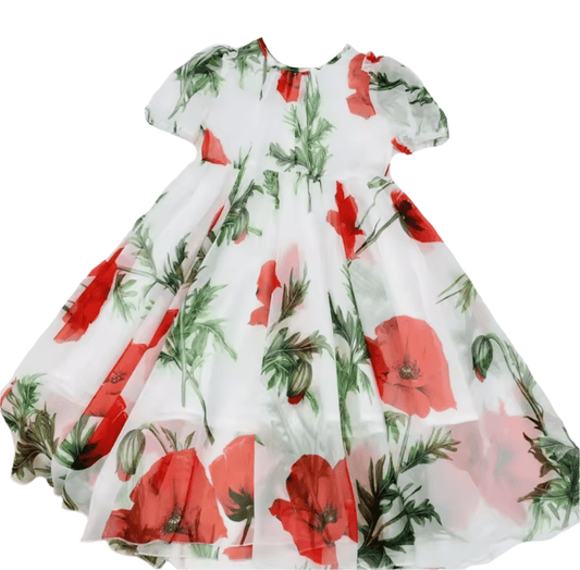 Floral poppies print chiffon kids dress with puff sleeves - Dress By Vicky