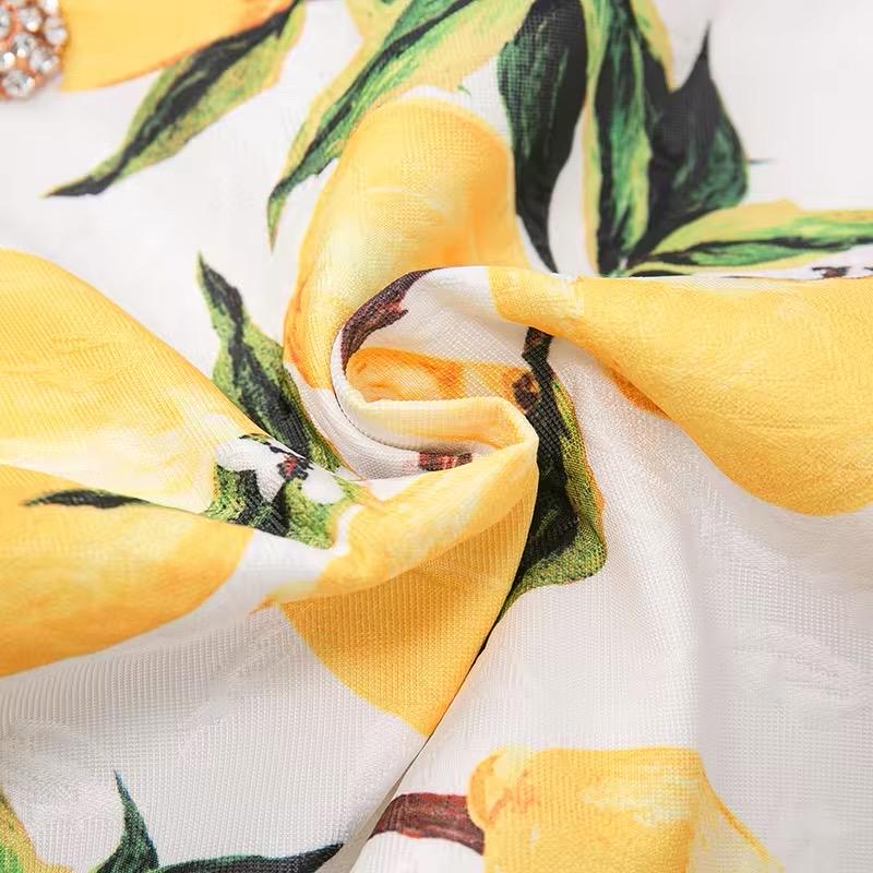 Handmade Italian designer white Brocade Lemons print sleeveless mini dress with gemstone buttons - Dress By Vicky