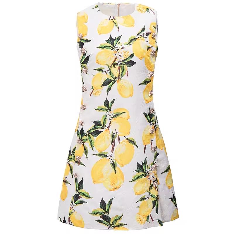 Handmade Italian designer white Brocade Lemons print sleeveless mini dress with gemstone buttons - Dress By Vicky