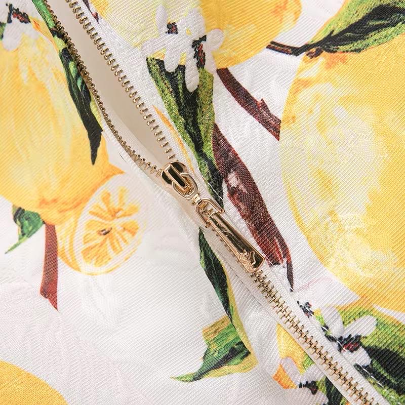 Handmade Italian designer white Brocade Lemons print sleeveless mini dress with gemstone buttons - Dress By Vicky