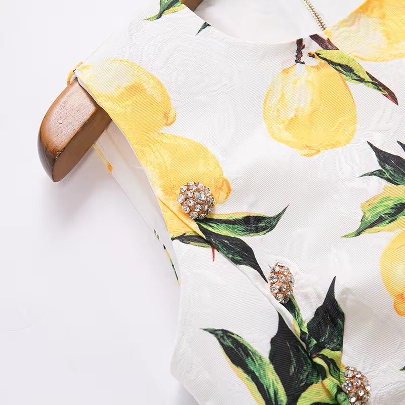 Handmade Italian designer white Brocade Lemons print sleeveless mini dress with gemstone buttons - Dress By Vicky