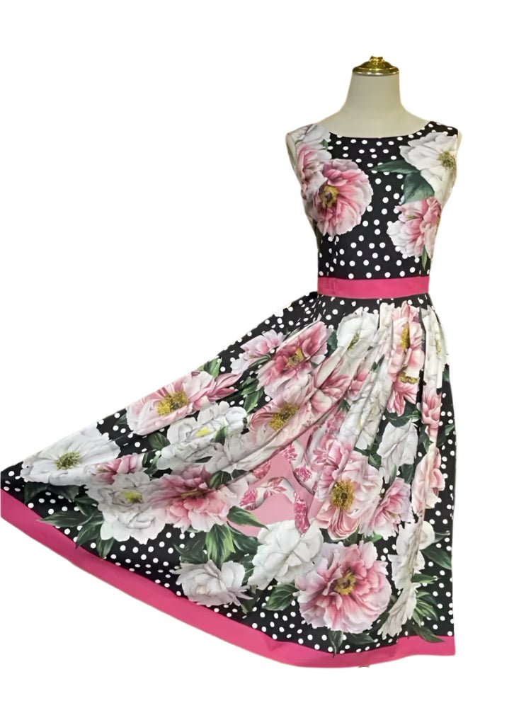 Handmade Italian Polka dot sleeveless floral 100% cotton dress - Dress By Vicky