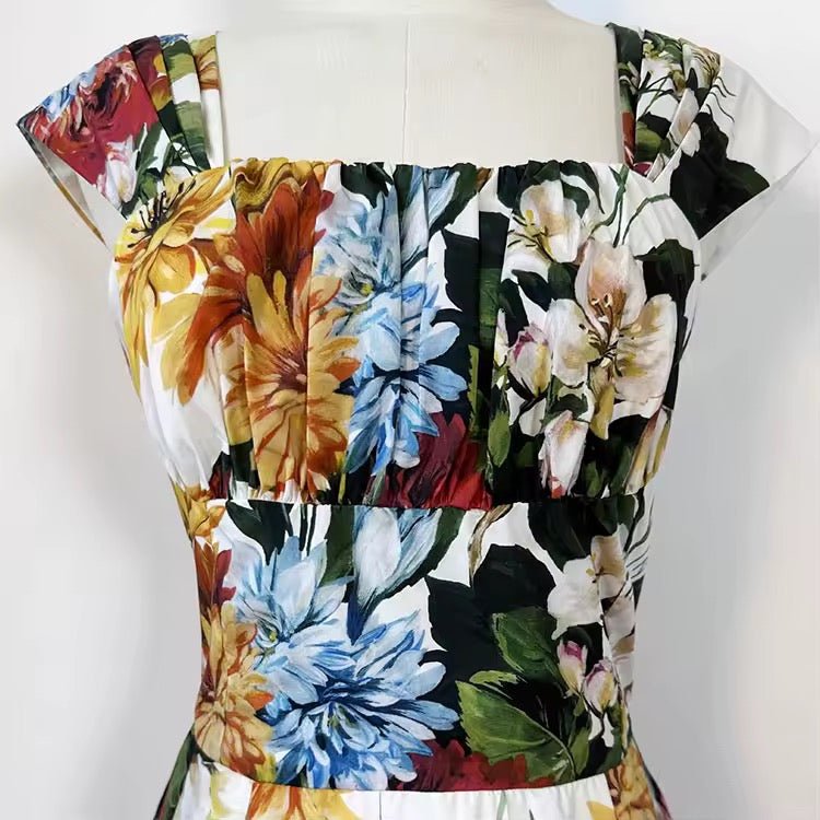 Italian August Flowers print cap sleeve 100% cotton dress - Dress By Vicky