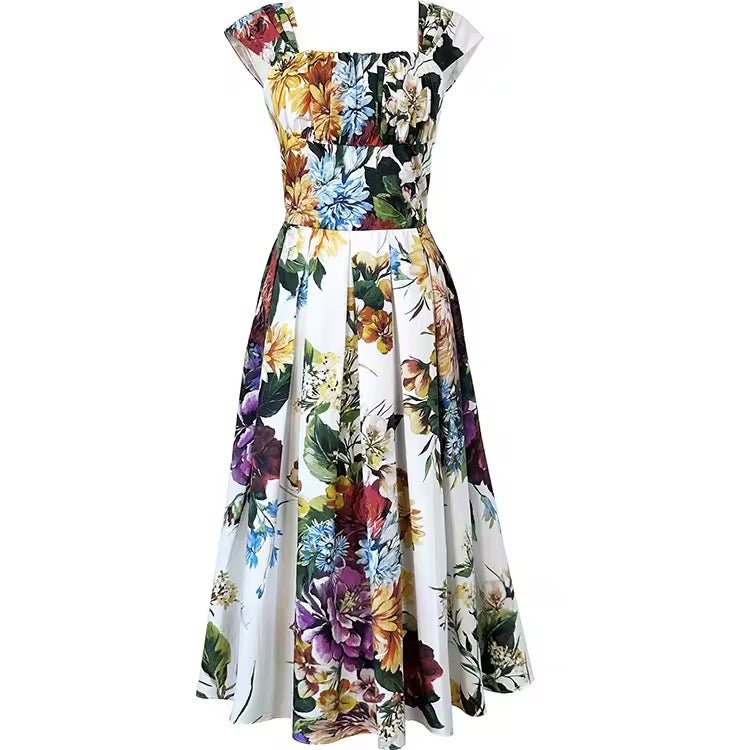 Italian August Flowers print cap sleeve 100% cotton dress - Dress By Vicky