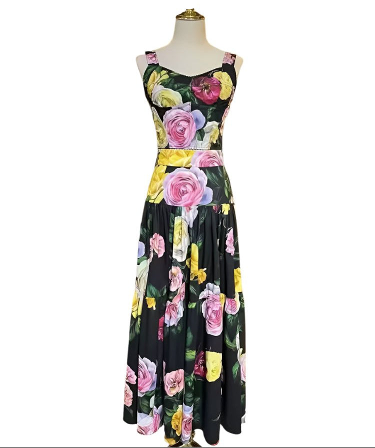 Italian Designer Luxury Multicolored Roses on Black print 100% cotton top - Dress By Vicky