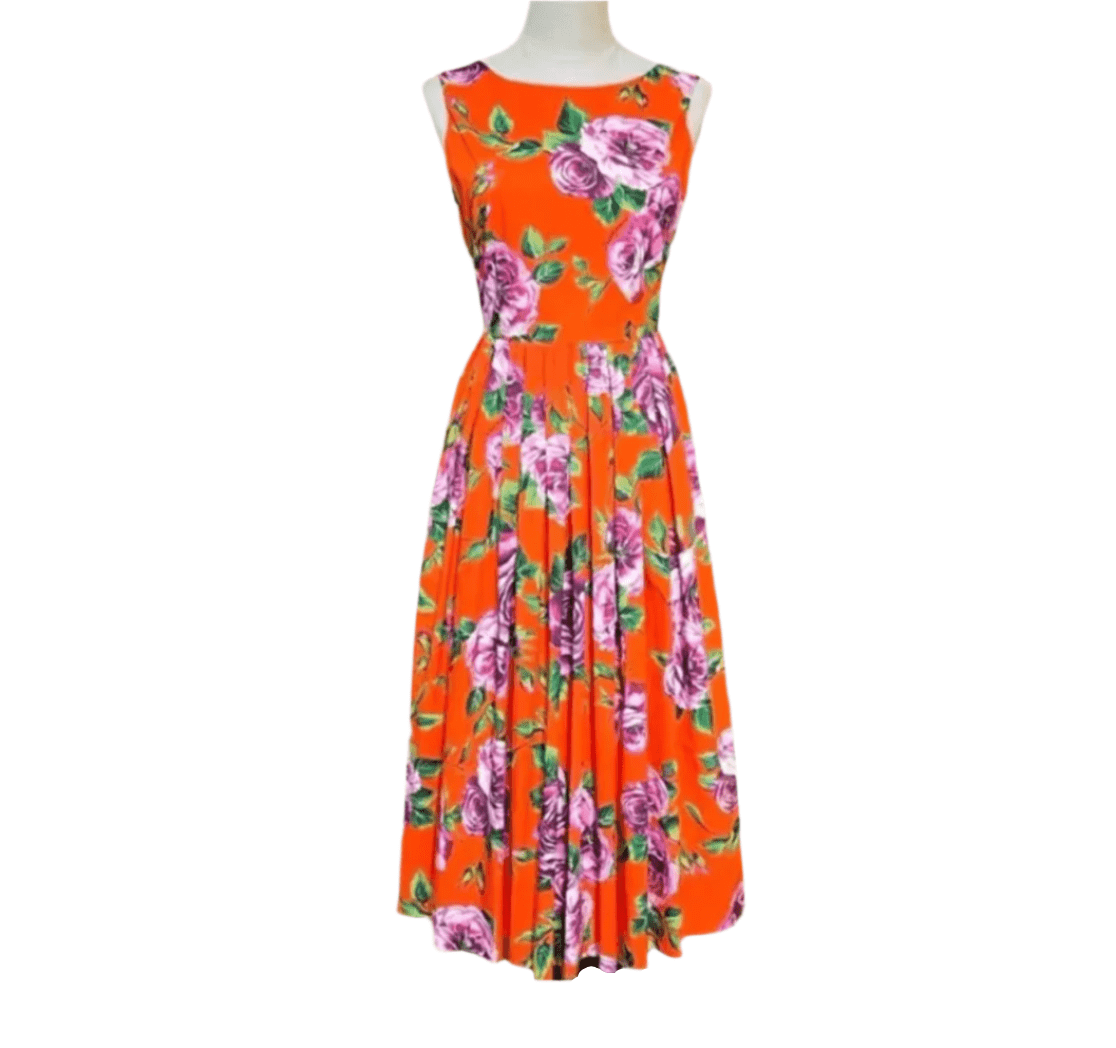 Italian designer Pink Roses on Orange print plunge back cotton dress - Dress By Vicky