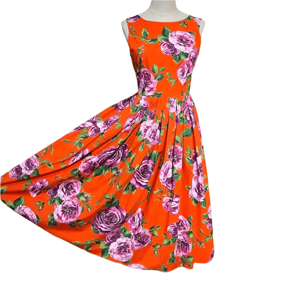 Italian designer Pink Roses on Orange print plunge back cotton dress - Dress By Vicky