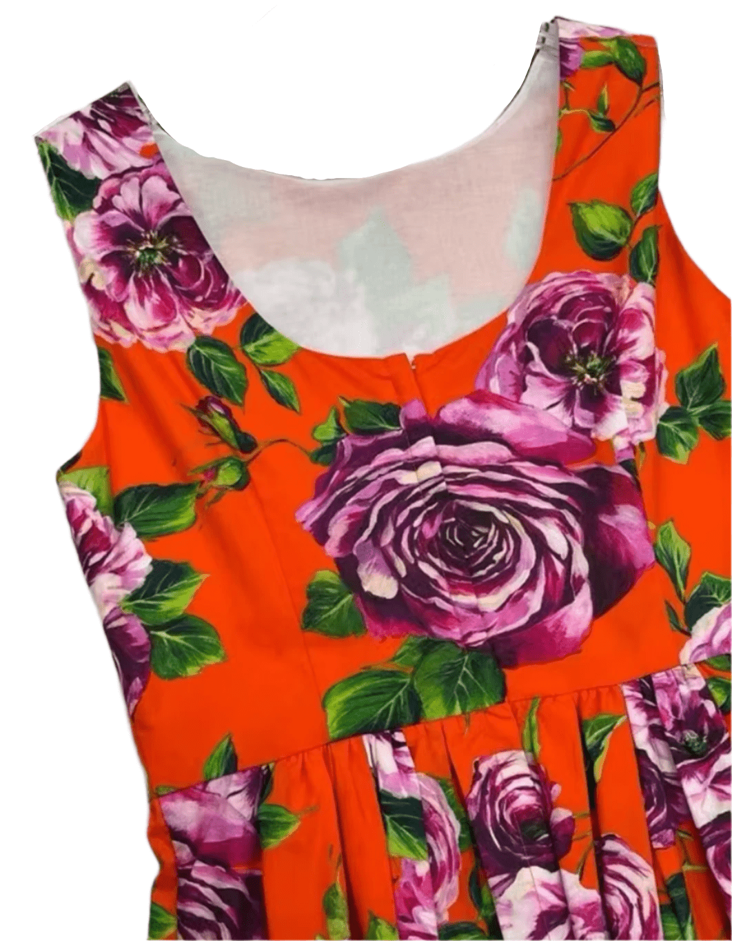 Italian designer Pink Roses on Orange print plunge back cotton dress - Dress By Vicky
