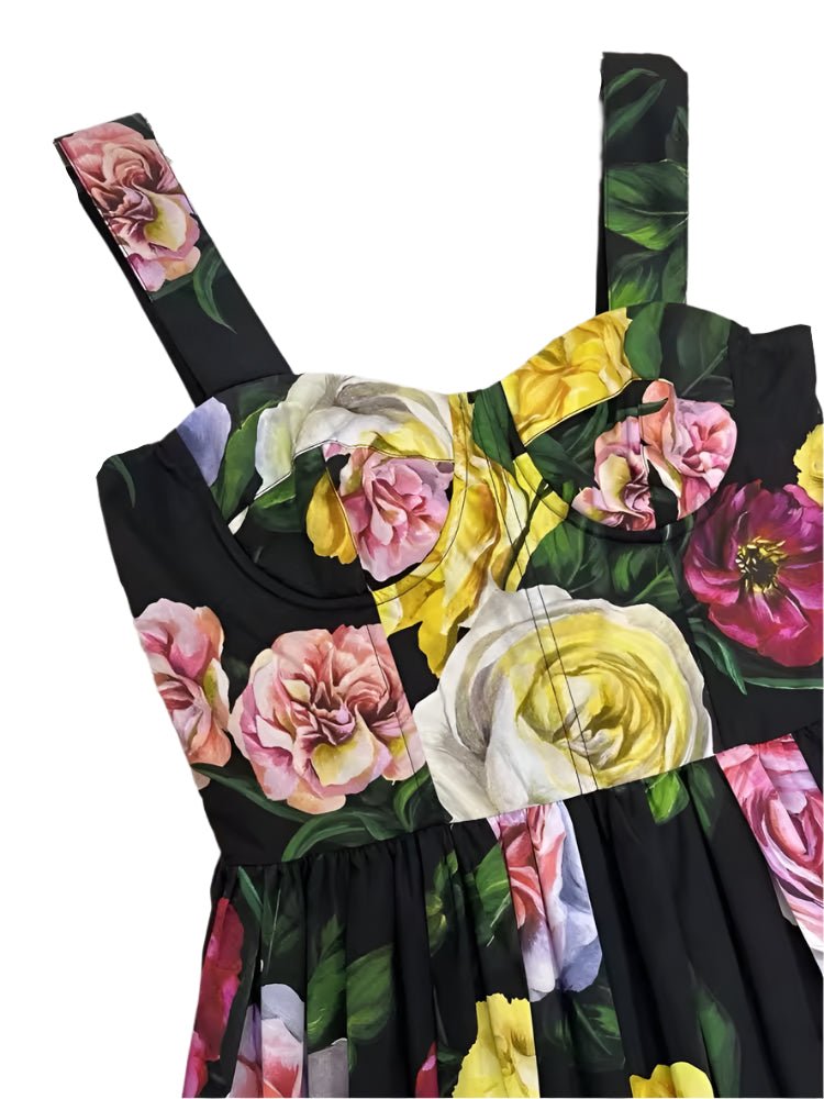 Italian designer White, Pink and Yellow Roses print push up 100% cotton dress - Dress By Vicky