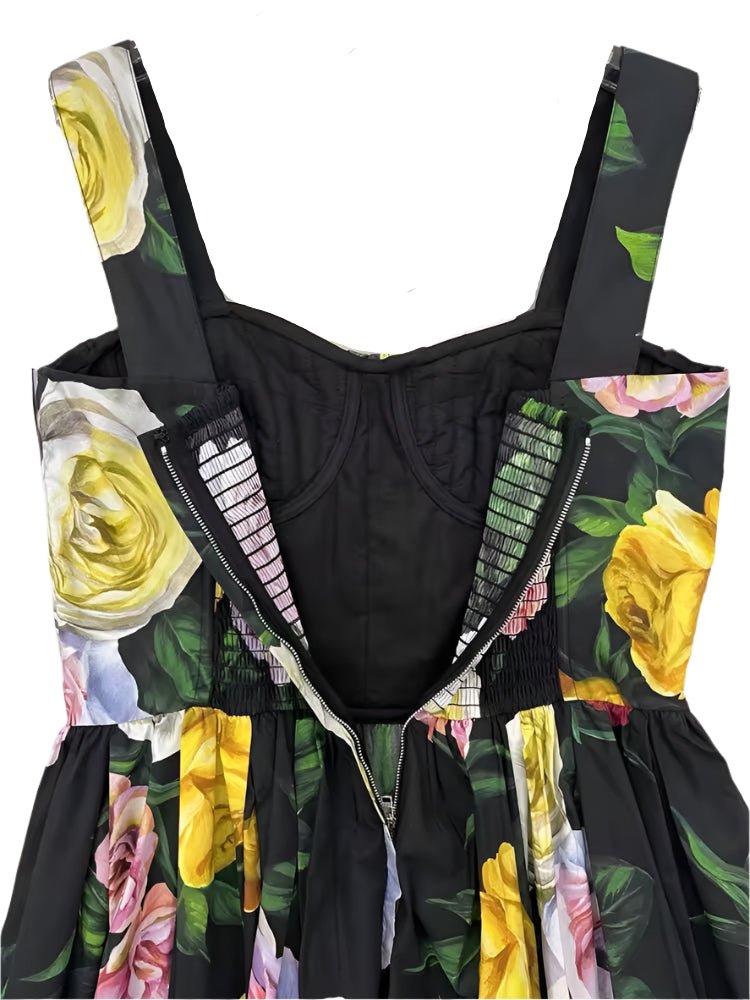 Italian designer White, Pink and Yellow Roses print push up 100% cotton dress - Dress By Vicky