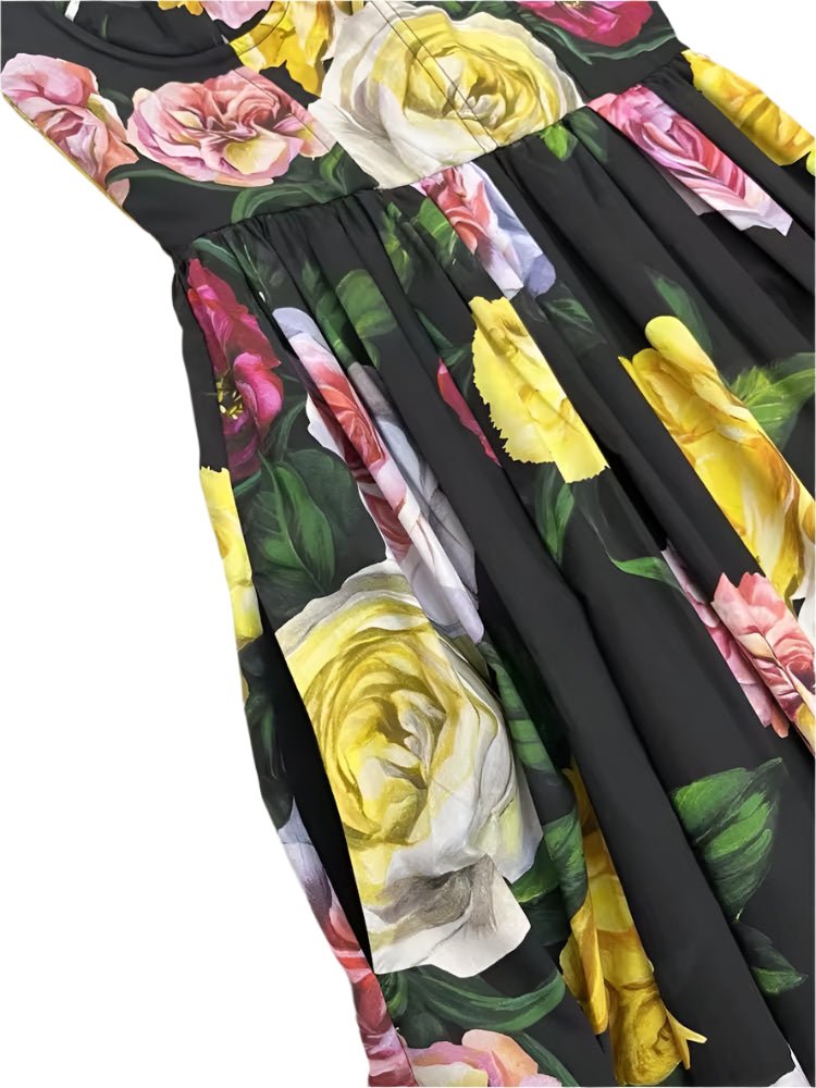 Italian designer White, Pink and Yellow Roses print push up 100% cotton dress - Dress By Vicky