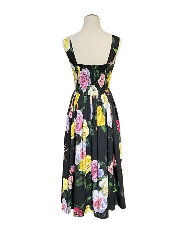 Italian designer White, Pink and Yellow Roses print push up 100% cotton dress - Dress By Vicky