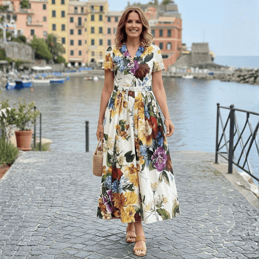 Italian Floral Cotton Midi A - Line Belted Dress with Pockets - Dress By Vicky