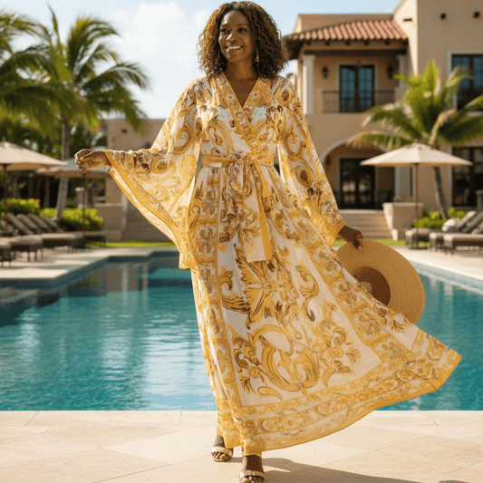 Italian Luxury Chiffon Yellow Majolica print Flared sleeves maxi dress - Dress By Vicky