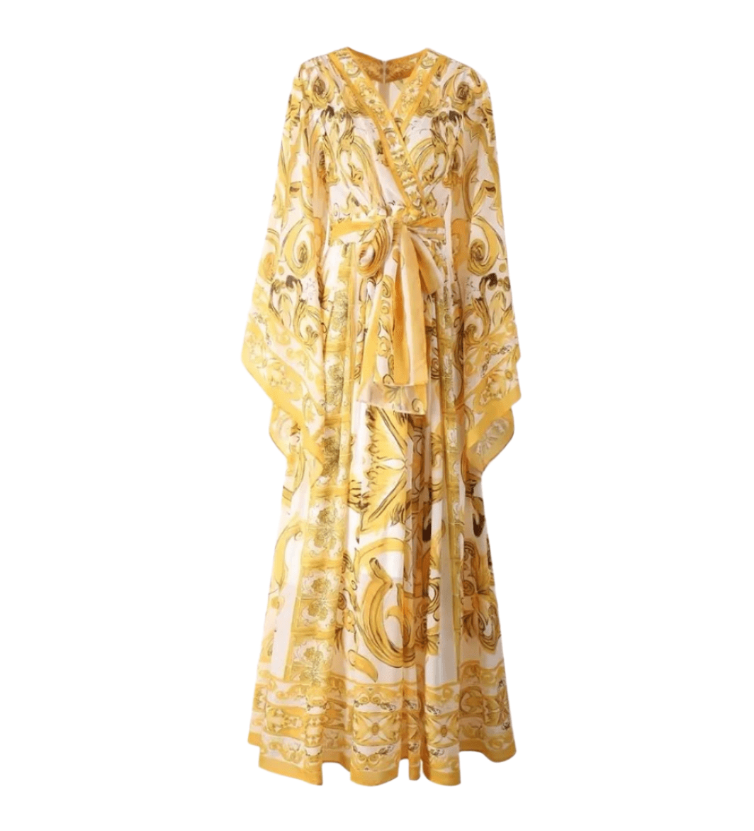 Italian Luxury Chiffon Yellow Majolica print Flared sleeves maxi dress - Dress By Vicky