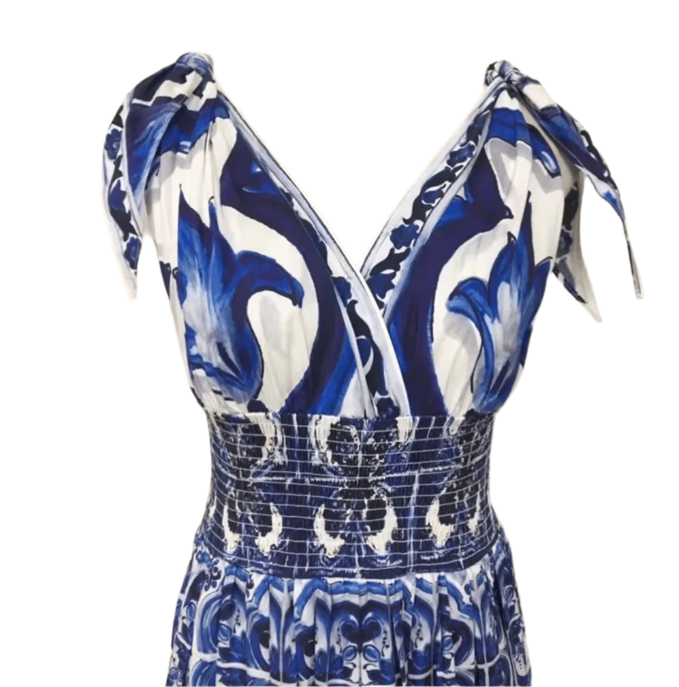 Italian Luxury designer Blue Majolica print 100% cotton bow shoulder maxi dress - Dress By Vicky