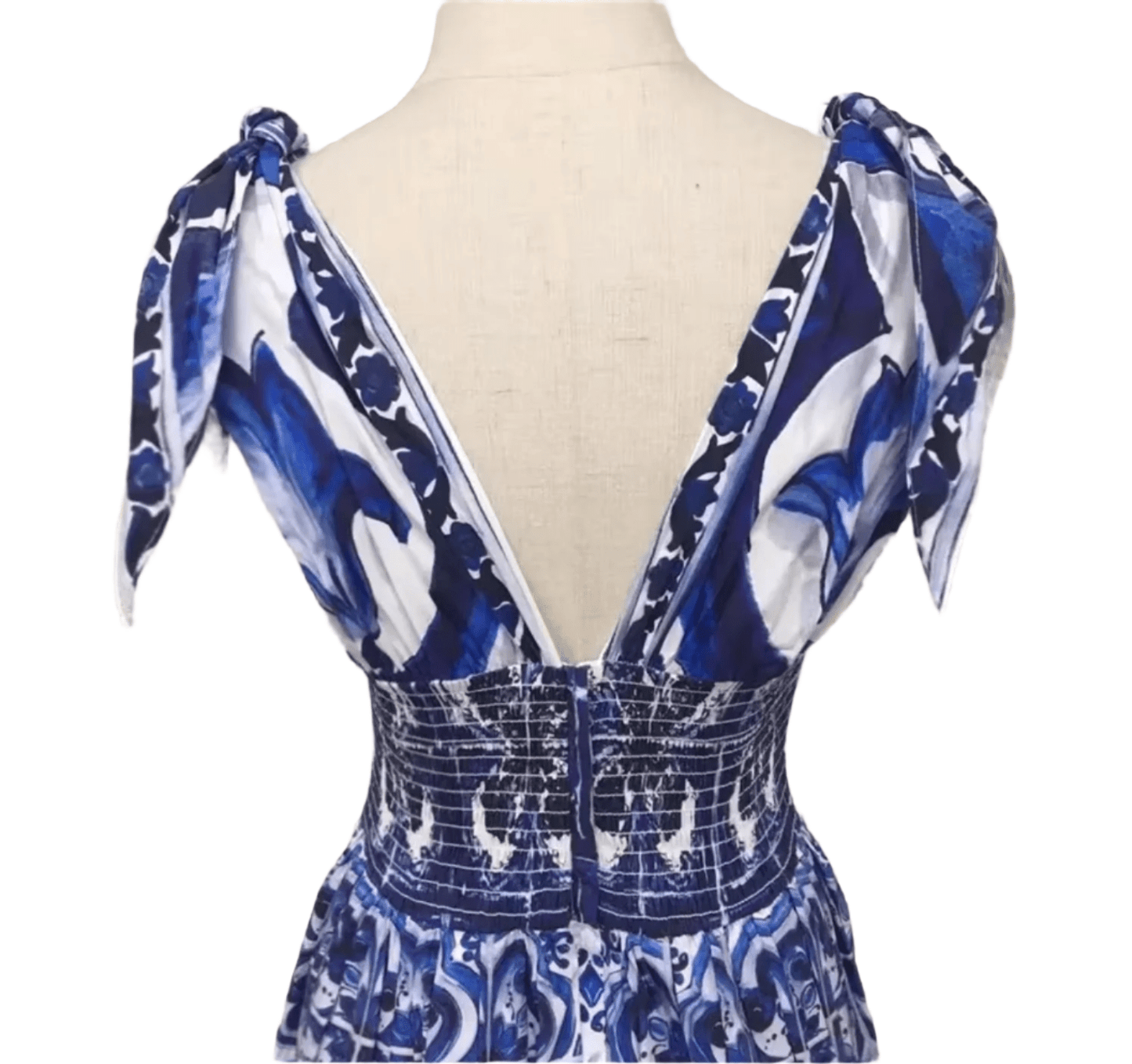 Italian Luxury designer Blue Majolica print 100% cotton bow shoulder maxi dress - Dress By Vicky