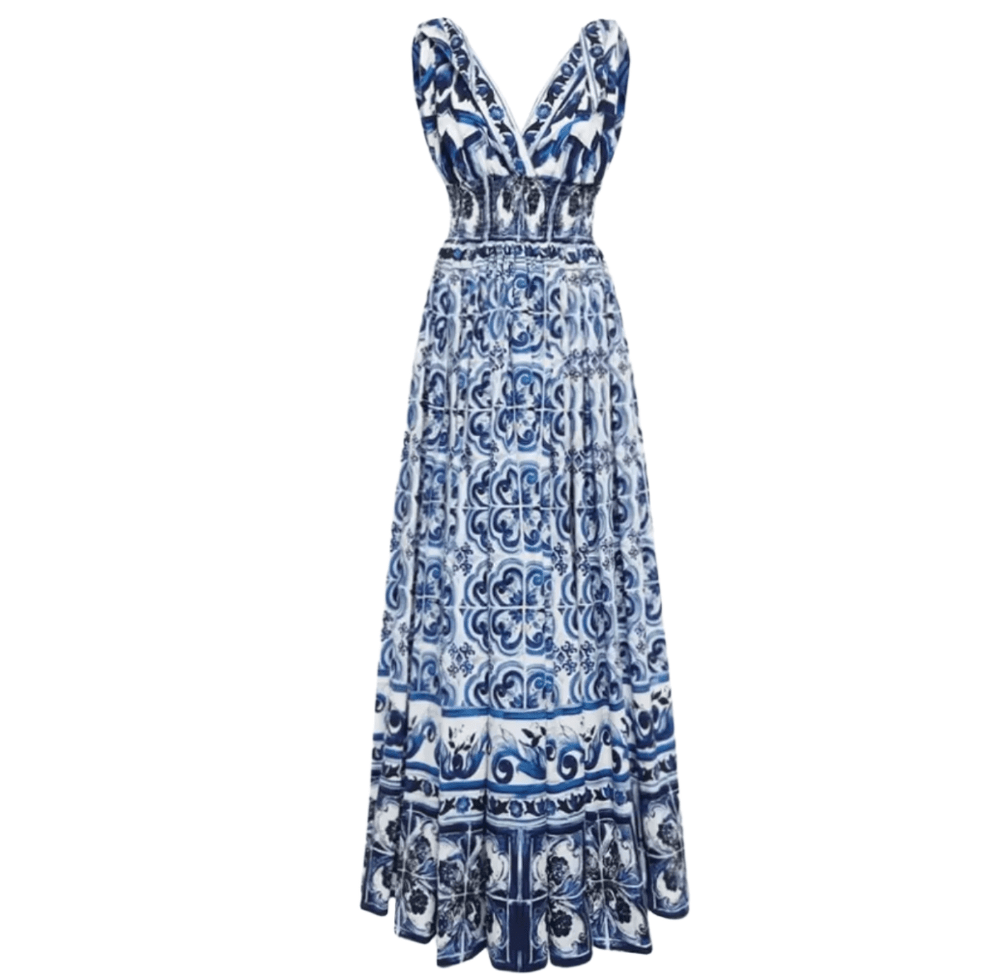 Italian Luxury designer Blue Majolica print 100% cotton bow shoulder maxi dress - Dress By Vicky