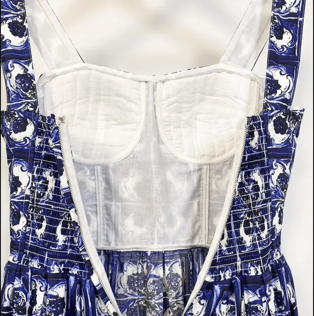 Italian Luxury designer Blue Majolica print push up 100% cotton dress - Dress By Vicky