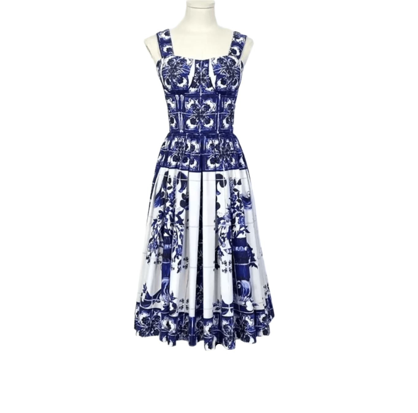 Italian Luxury designer Blue Majolica print push up 100% cotton dress - Dress By Vicky