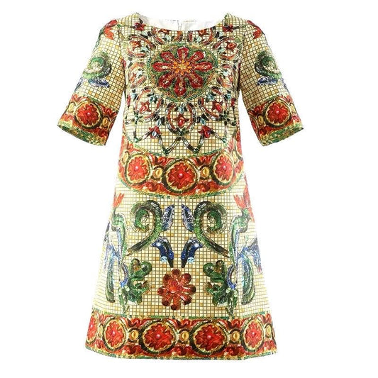 Italian Luxury Designer Brocade Heart & Crown print A line gemstone embellished mini dress - Dress By Vicky