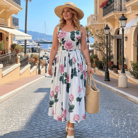 Italian Luxury designer Classic Pink Roses print push up 100% cotton dress - Dress By Vicky